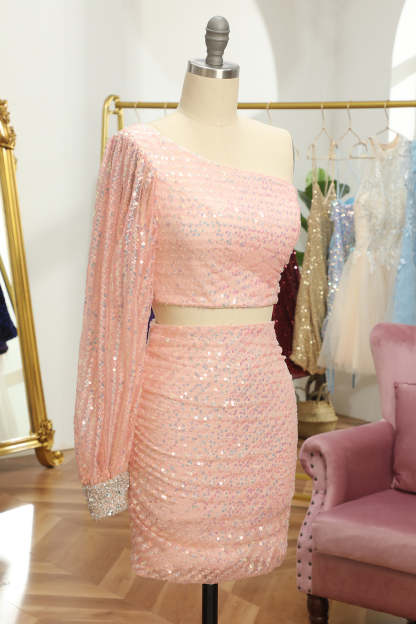 Pink Two Piece Sequin Homecoming Dress