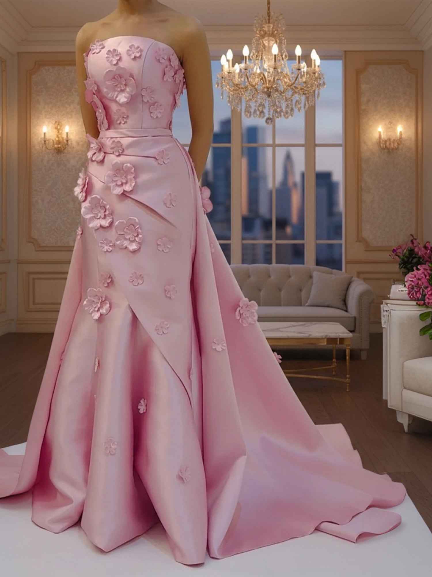 Pink A Line Satin Strapless Prom Dress with 3D Floral Appliques