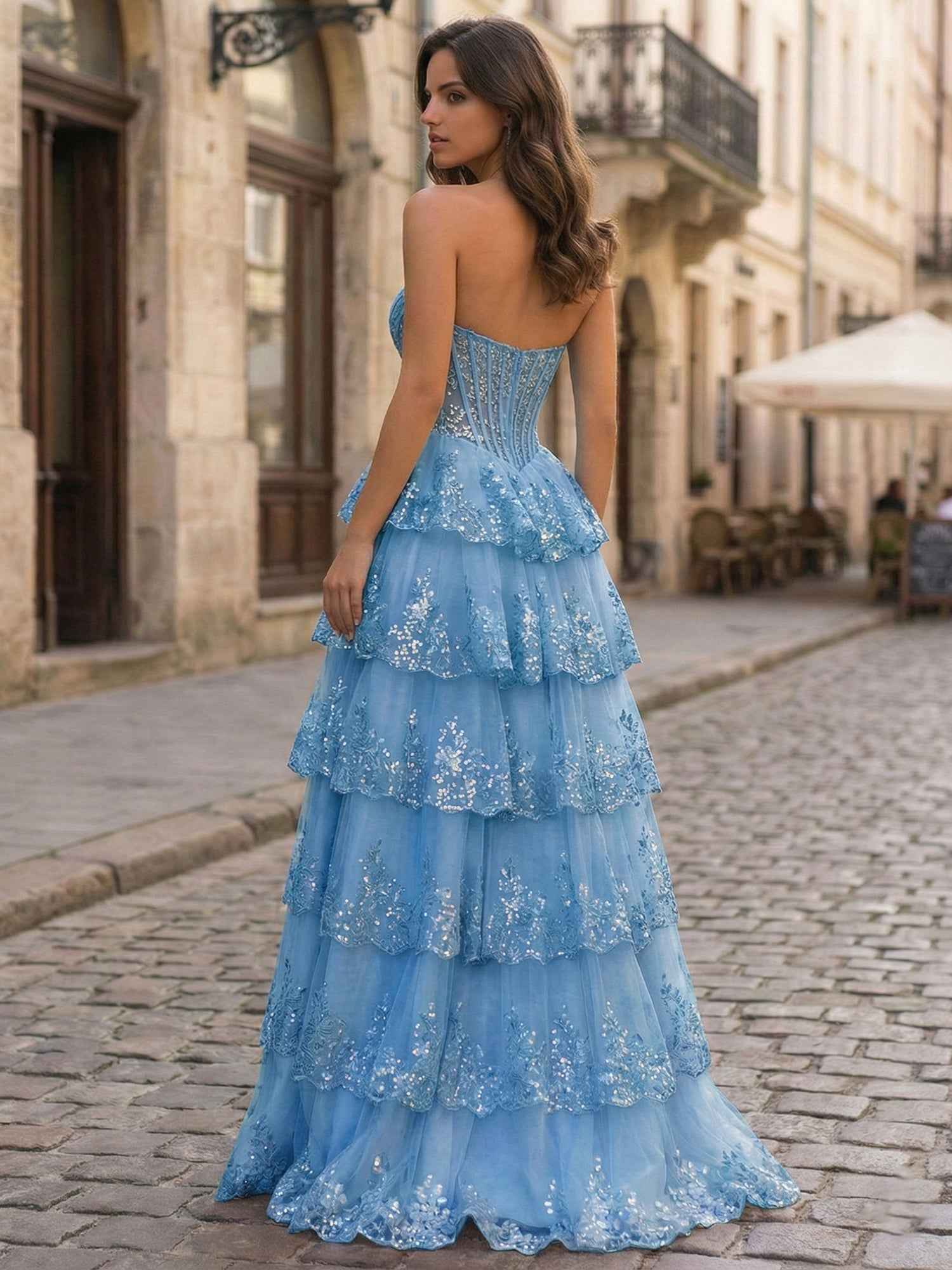 Pink A Line Strapless Sweetheart Tiered Lace Corset Prom Dress