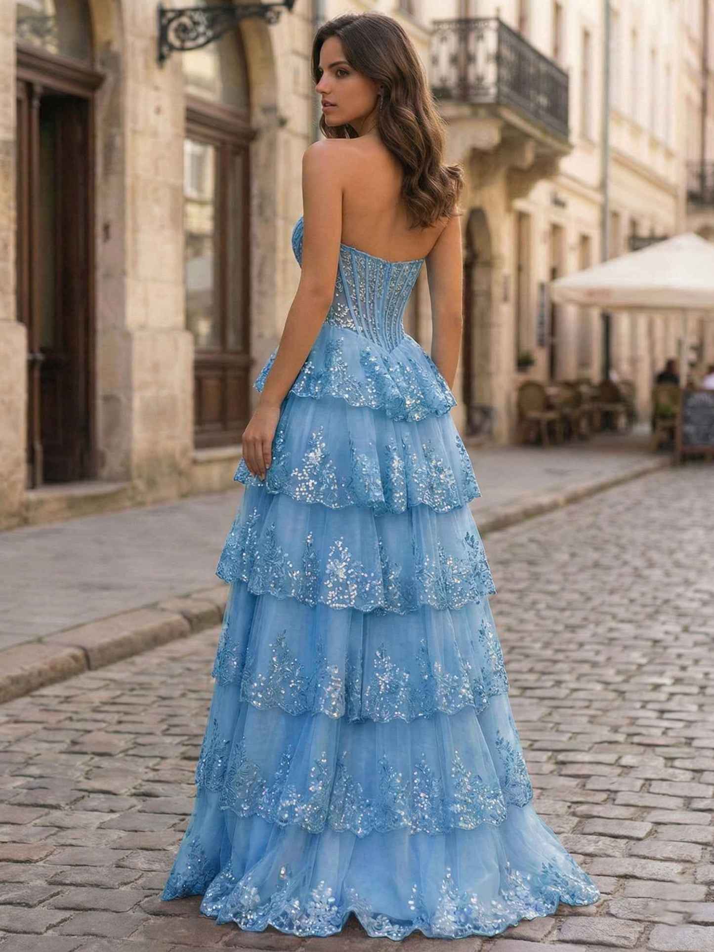 Pink A Line Strapless Sweetheart Tiered Lace Corset Prom Dress