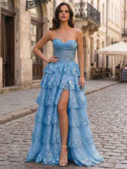 Pink A Line Strapless Sweetheart Tiered Lace Corset Prom Dress