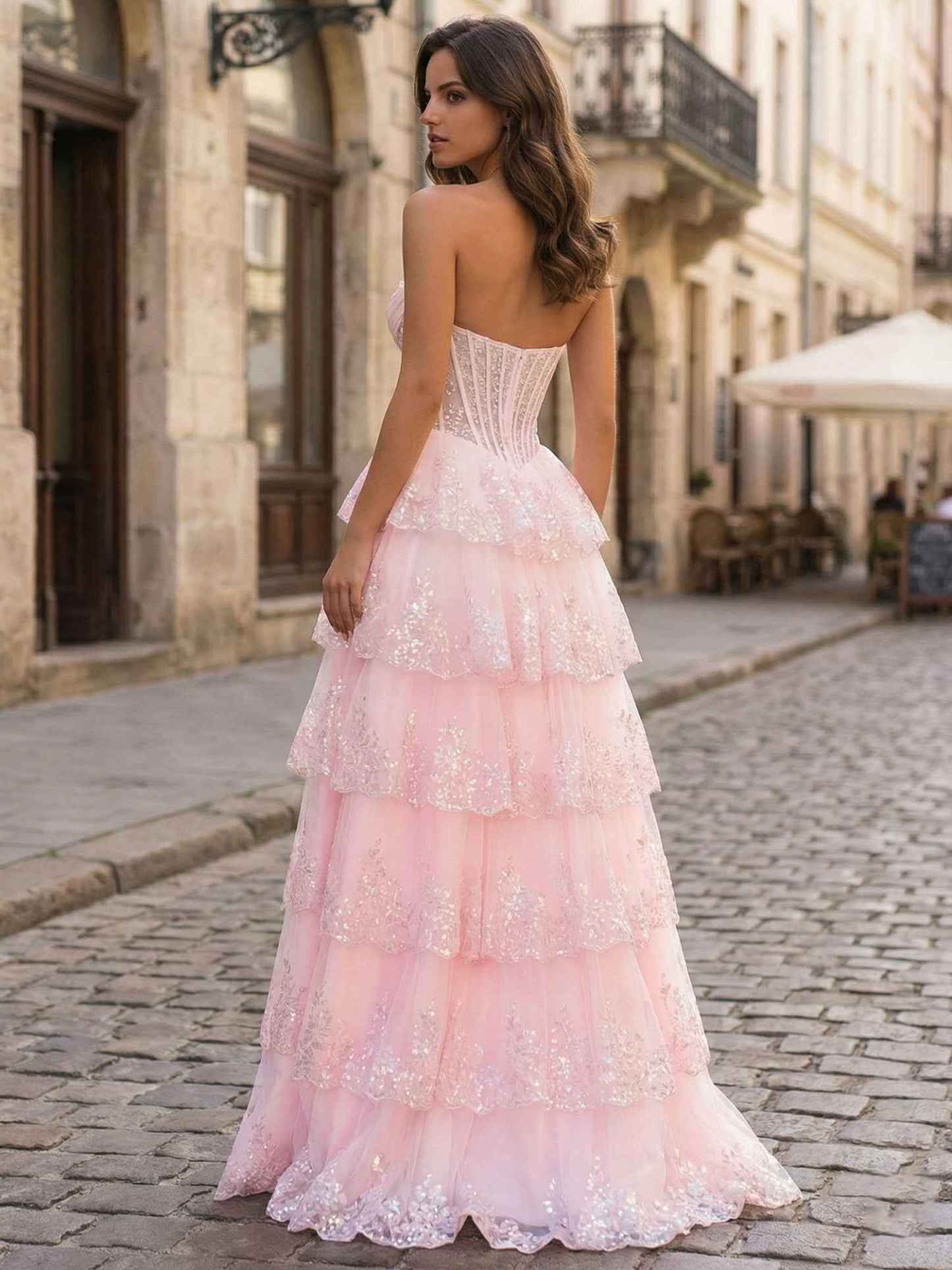 Pink A Line Strapless Sweetheart Tiered Lace Corset Prom Dress