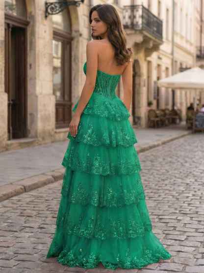 Pink A Line Strapless Sweetheart Tiered Lace Corset Prom Dress