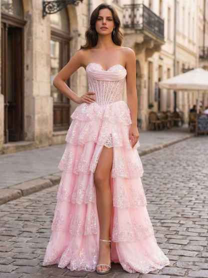 Pink A Line Strapless Sweetheart Tiered Lace Corset Prom Dress