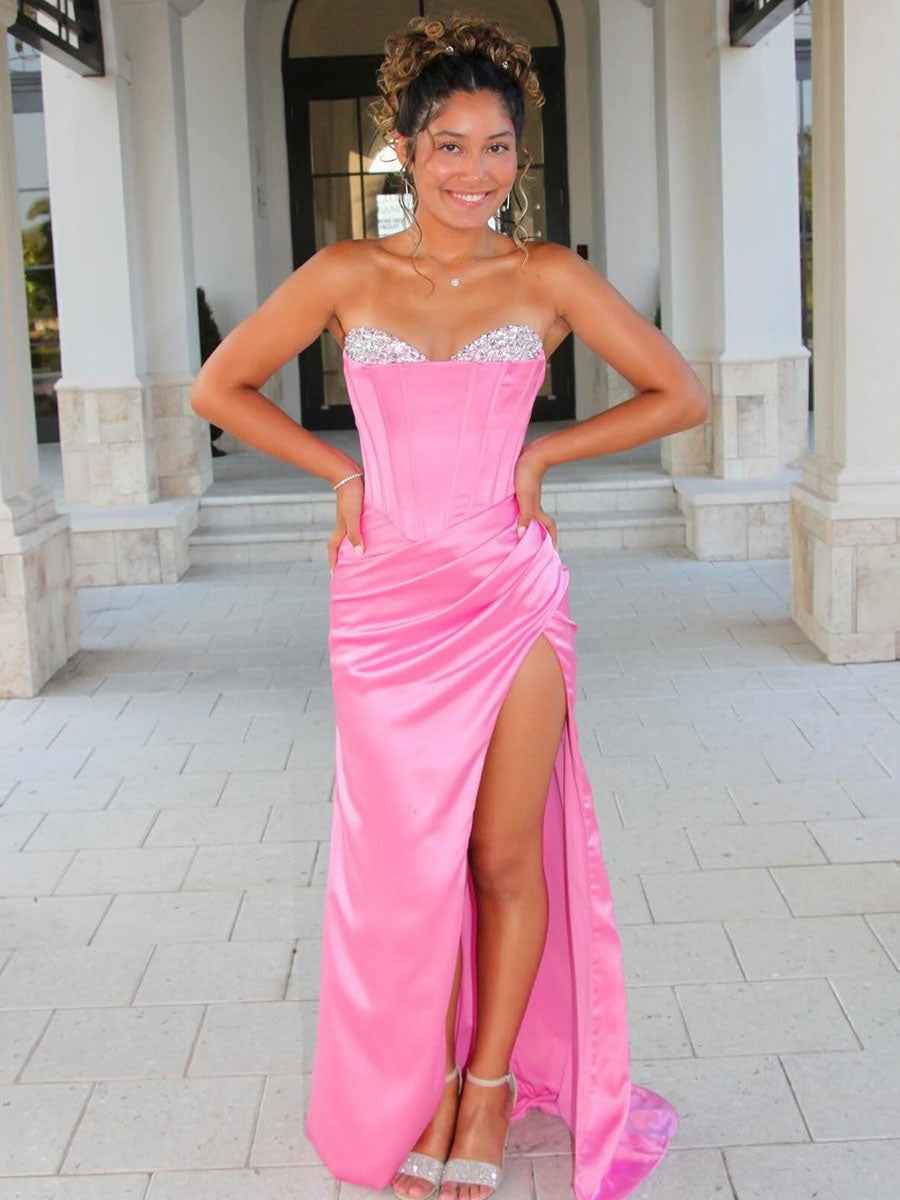 Pink Beaded Neck Pleated Mermaid Long Prom Dress with Slit