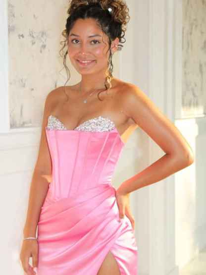 Pink Beaded Neck Pleated Mermaid Long Prom Dress with Slit