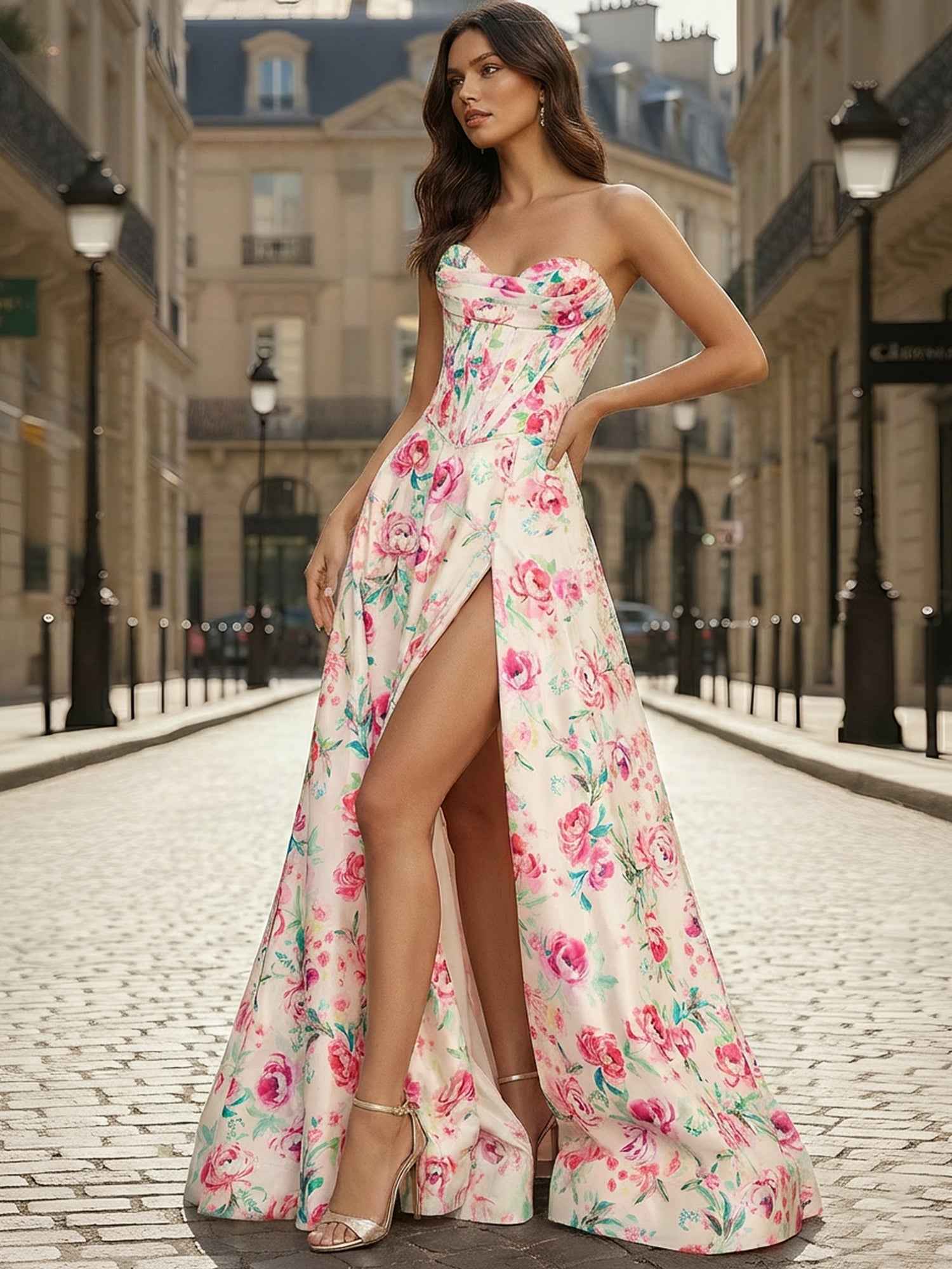 Pink Floral A Line Strapless Corset Prom Dress with Slit