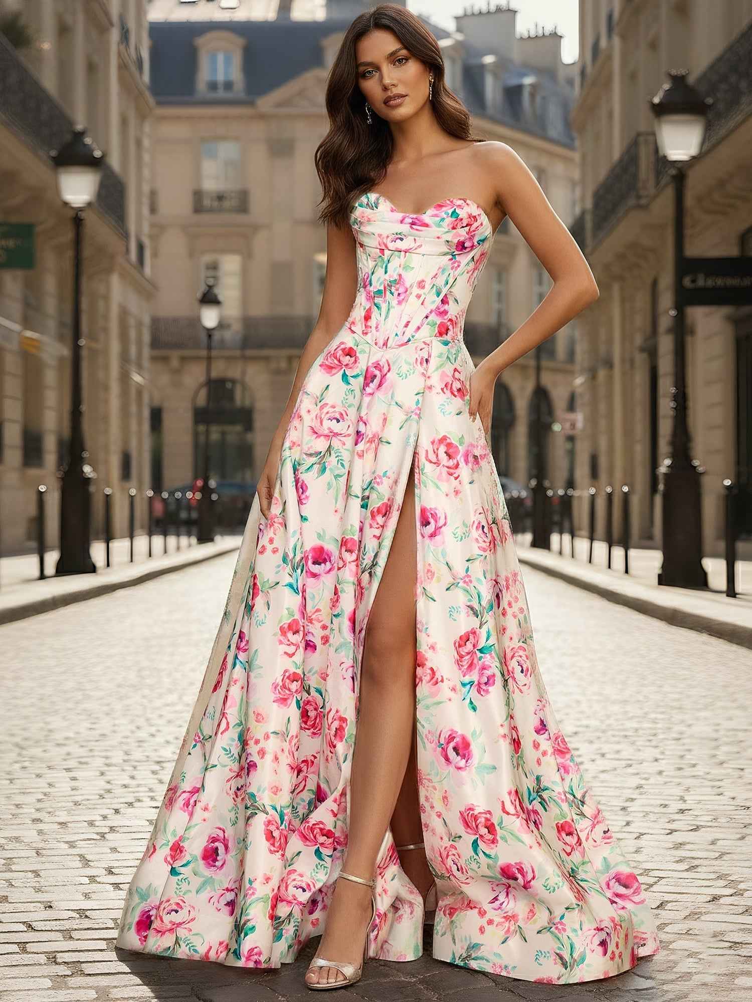 Pink Floral A Line Strapless Corset Prom Dress with Slit