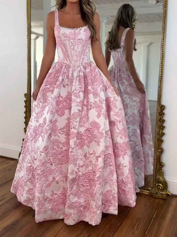 Pink Floral Brocade Pearl Long Corset Prom Dress