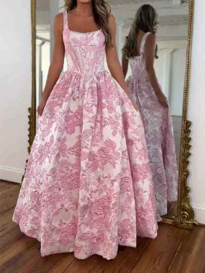 Pink Floral Brocade Pearl Long Corset Prom Dress