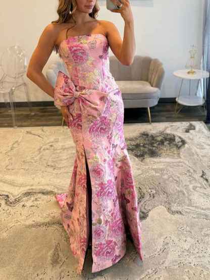 Pink Floral Brocade Strapless Oversized Bow Prom Dress with High Slit