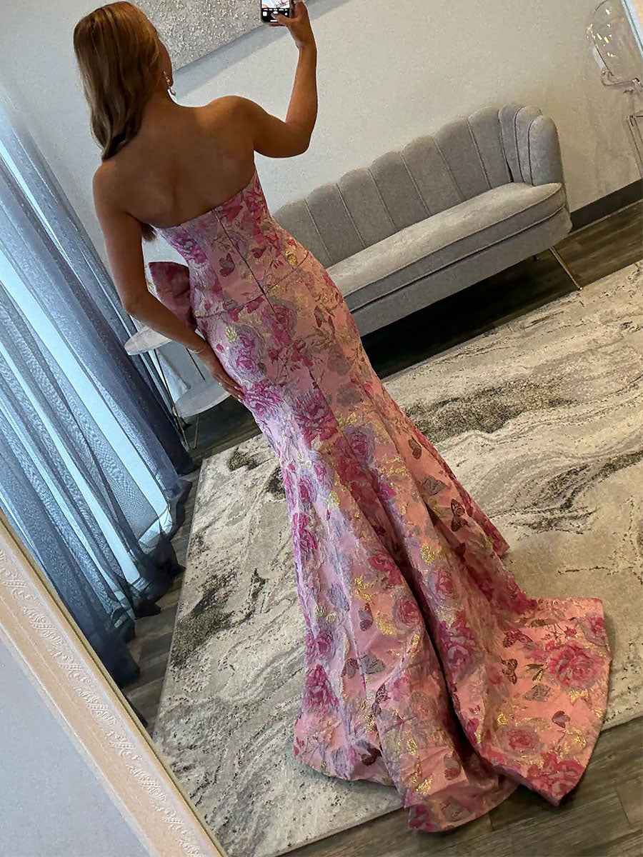 Pink Floral Brocade Strapless Oversized Bow Prom Dress with High Slit