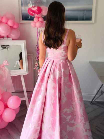 Pink Floral Jacquard Square Neck A-Line Prom Dress