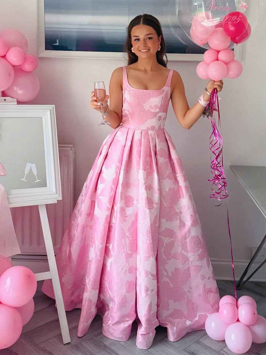 Pink Floral Jacquard Square Neck A-Line Prom Dress