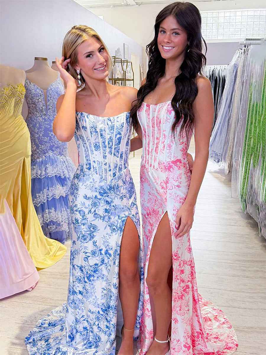 Pink Floral Print Corset Bodice Satin Strapless Prom Dress with Slit