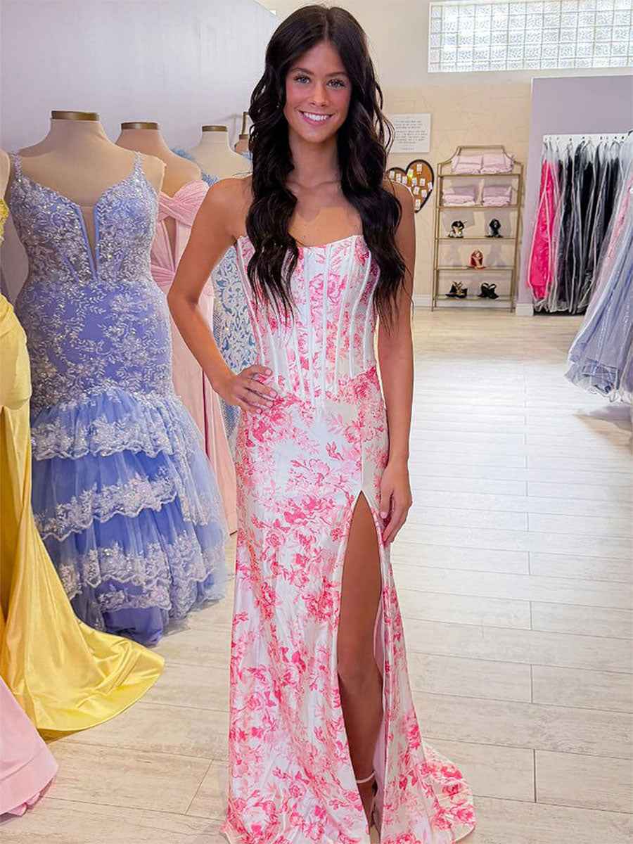 Pink Floral Print Corset Bodice Satin Strapless Prom Dress with Slit
