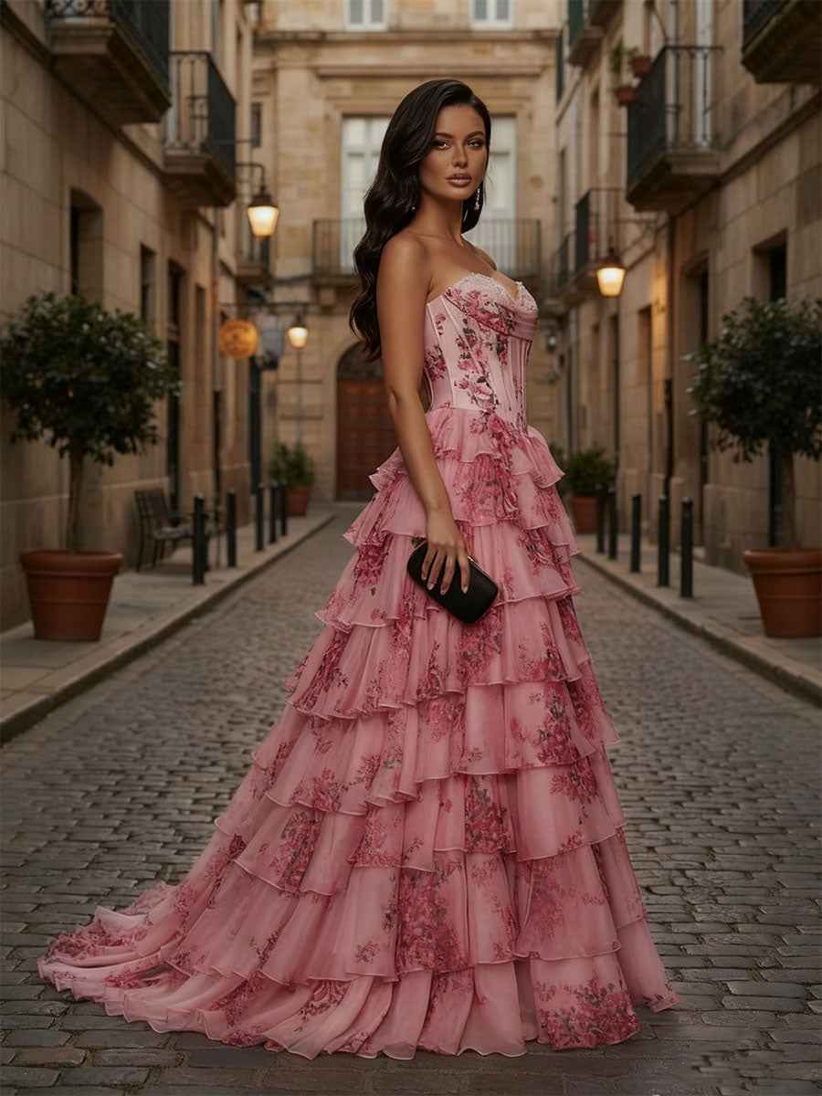 Pink Floral Strapless Chiffon Ruffle Corset Prom Dress with Slit