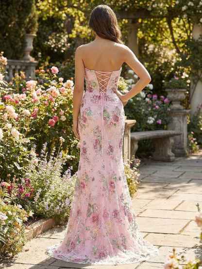 Pink Floral Strapless Sequin Corset Prom Dress with Slit