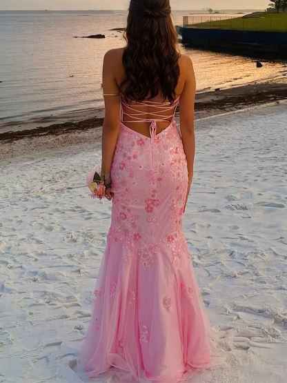 Pink Mermaid Sweetheart Beaded Flower Prom Dress