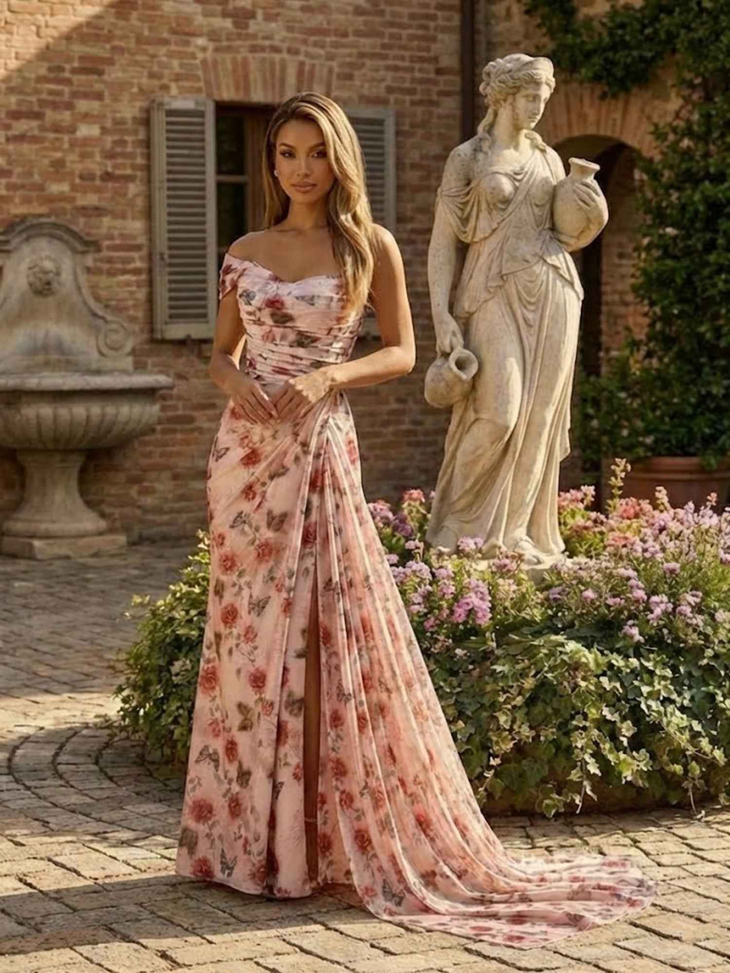 Pink Rose Print One Shoulder Draped Satin Long Prom Dress with Slit