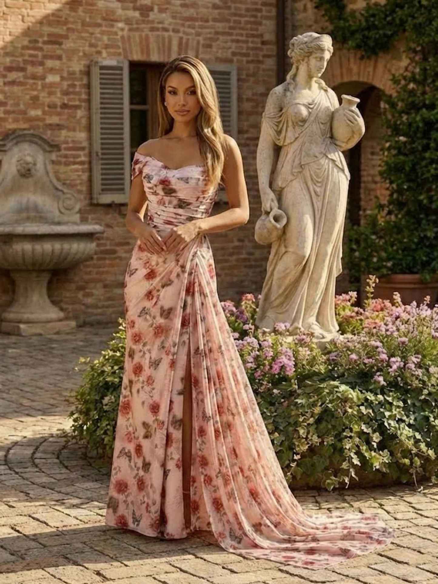 Pink Rose Print One Shoulder Draped Satin Long Prom Dress with Slit