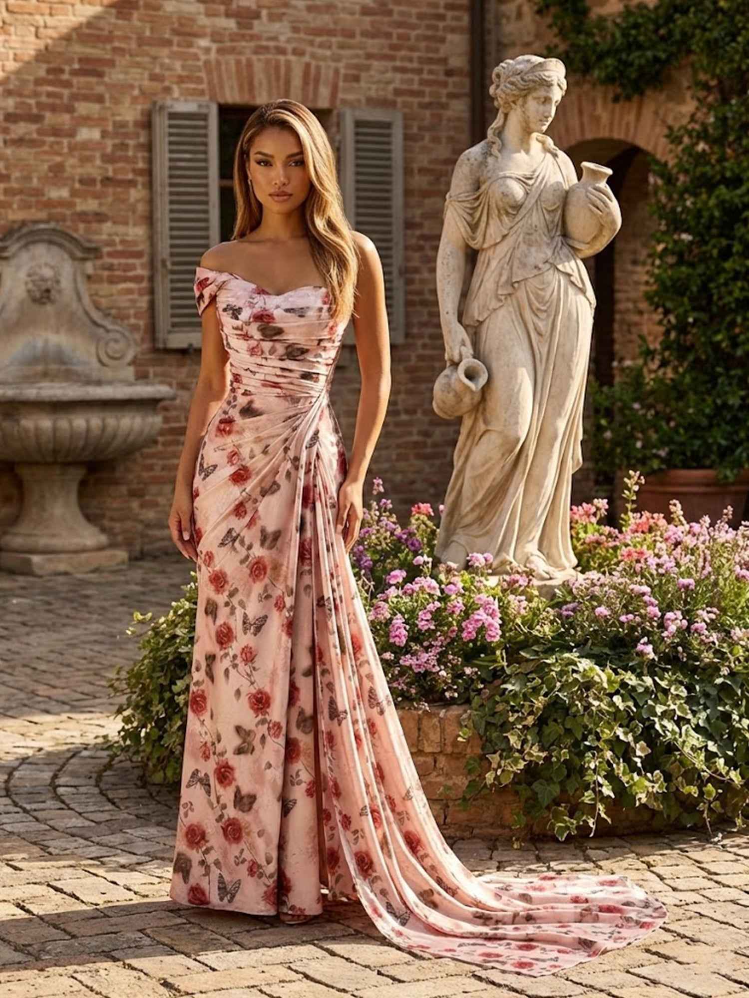 Pink Rose Print One Shoulder Draped Satin Long Prom Dress with Slit