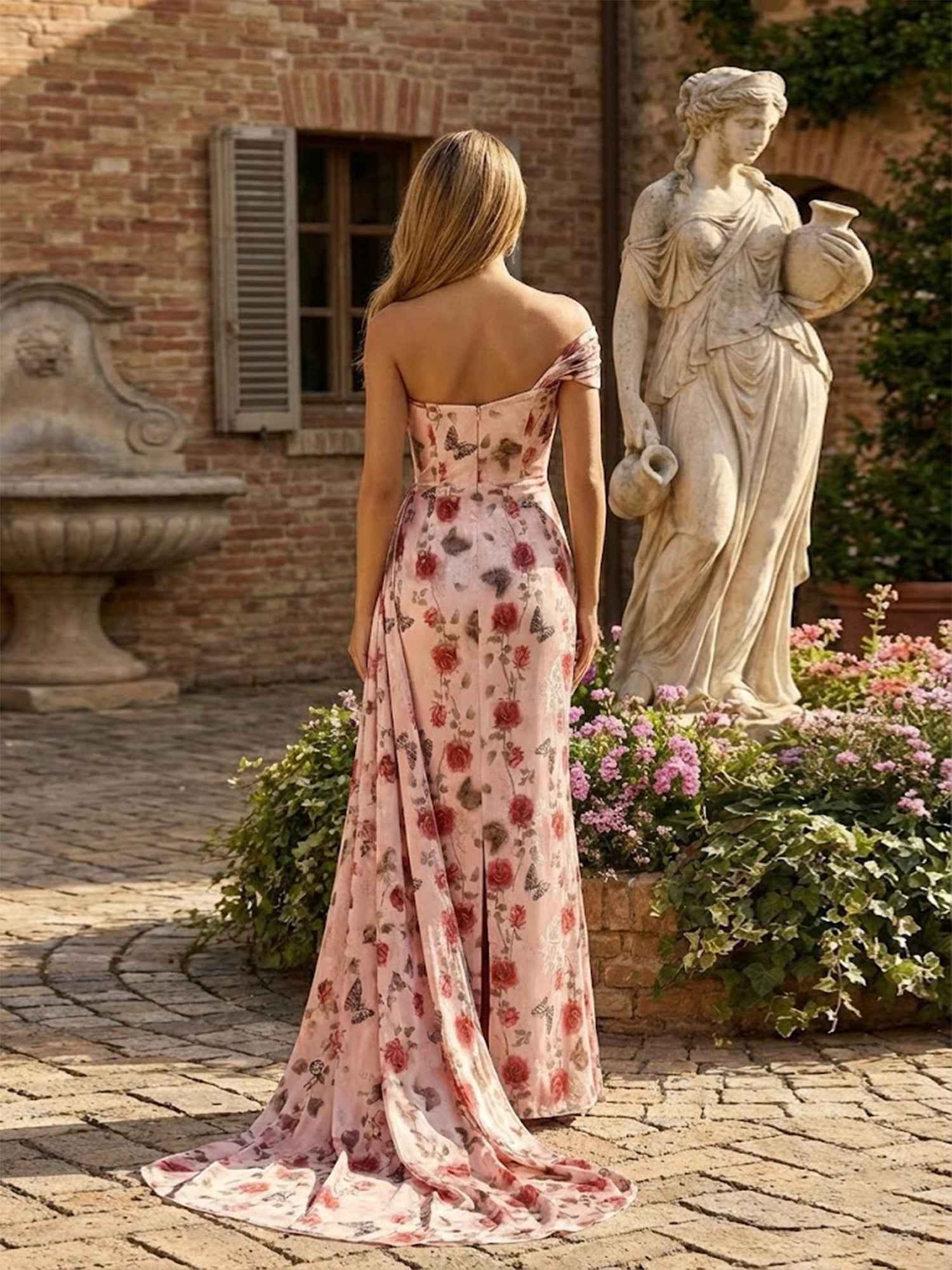 Pink Rose Print One Shoulder Draped Satin Long Prom Dress with Slit