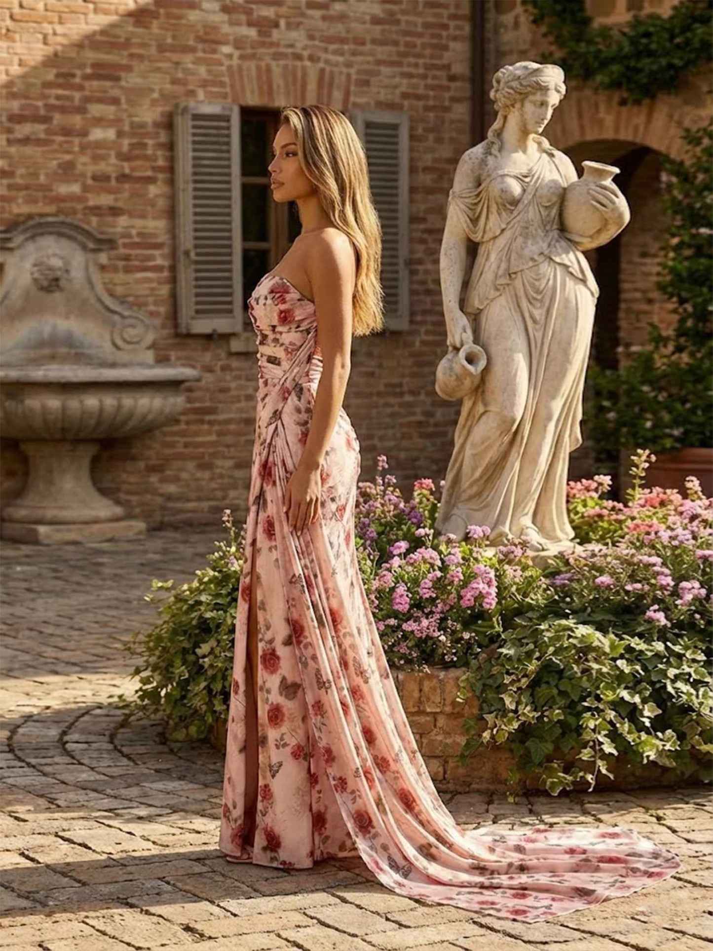 Pink Rose Print One Shoulder Draped Satin Long Prom Dress with Slit