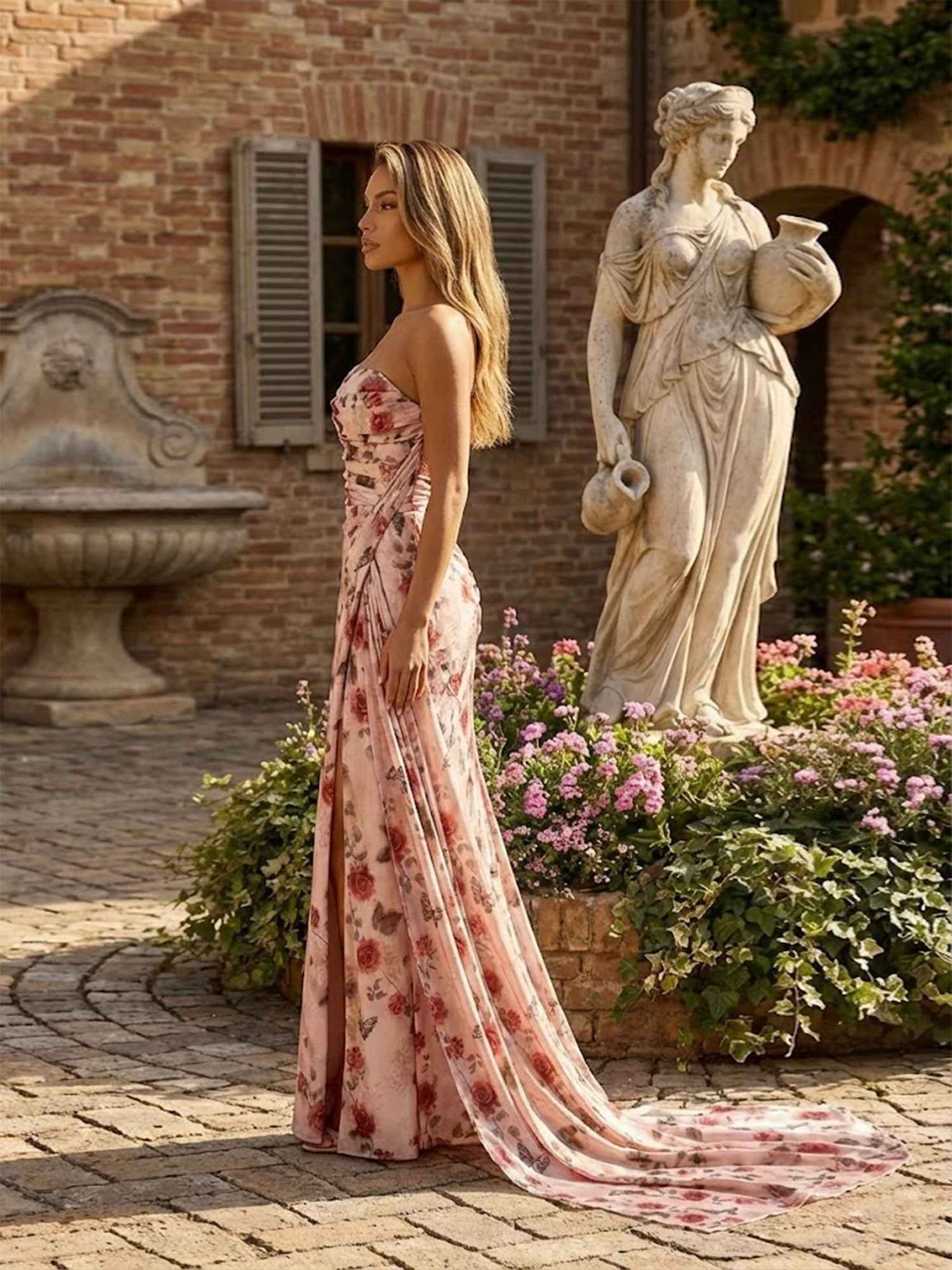 Pink Rose Print One Shoulder Draped Satin Long Prom Dress with Slit