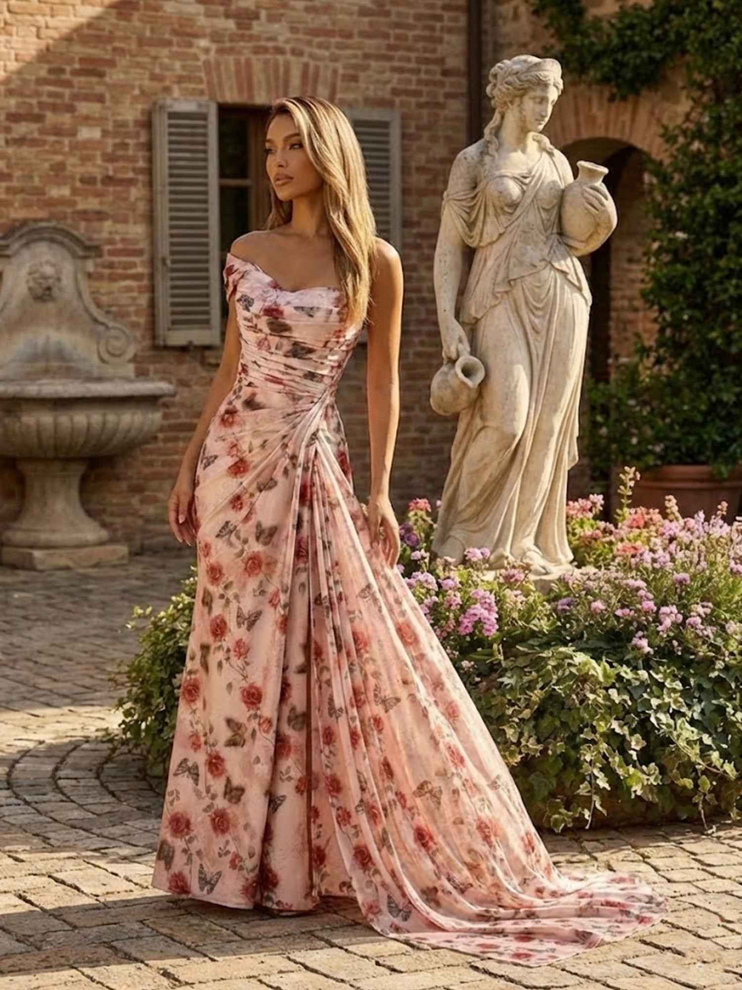 Pink Rose Print One Shoulder Draped Satin Long Prom Dress with Slit