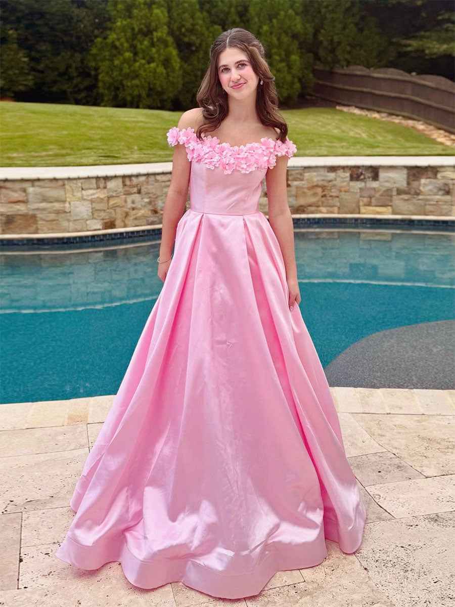 Pink Satin Off-the-Shoulder Prom Dress with 3D Floral Applique| Neckline