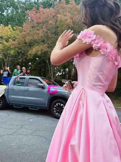 Pink Satin Off-the-Shoulder Prom Dress with 3D Floral Applique| Neckline