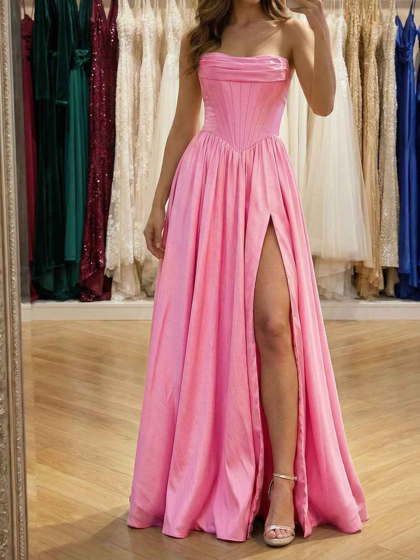 Pink Satin Strapless Long Corset Prom Dress with Slit