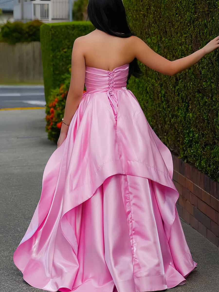 Pink Satin Strapless Ruched Bodice Asymmetrical Tiered Prom Dress