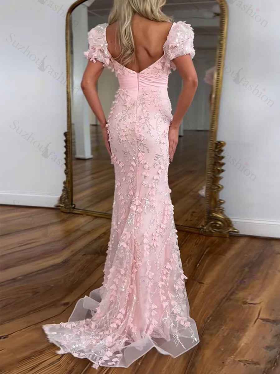Pink Sequin Leaf Mermaid Long Prom Dress with Bow Detail
