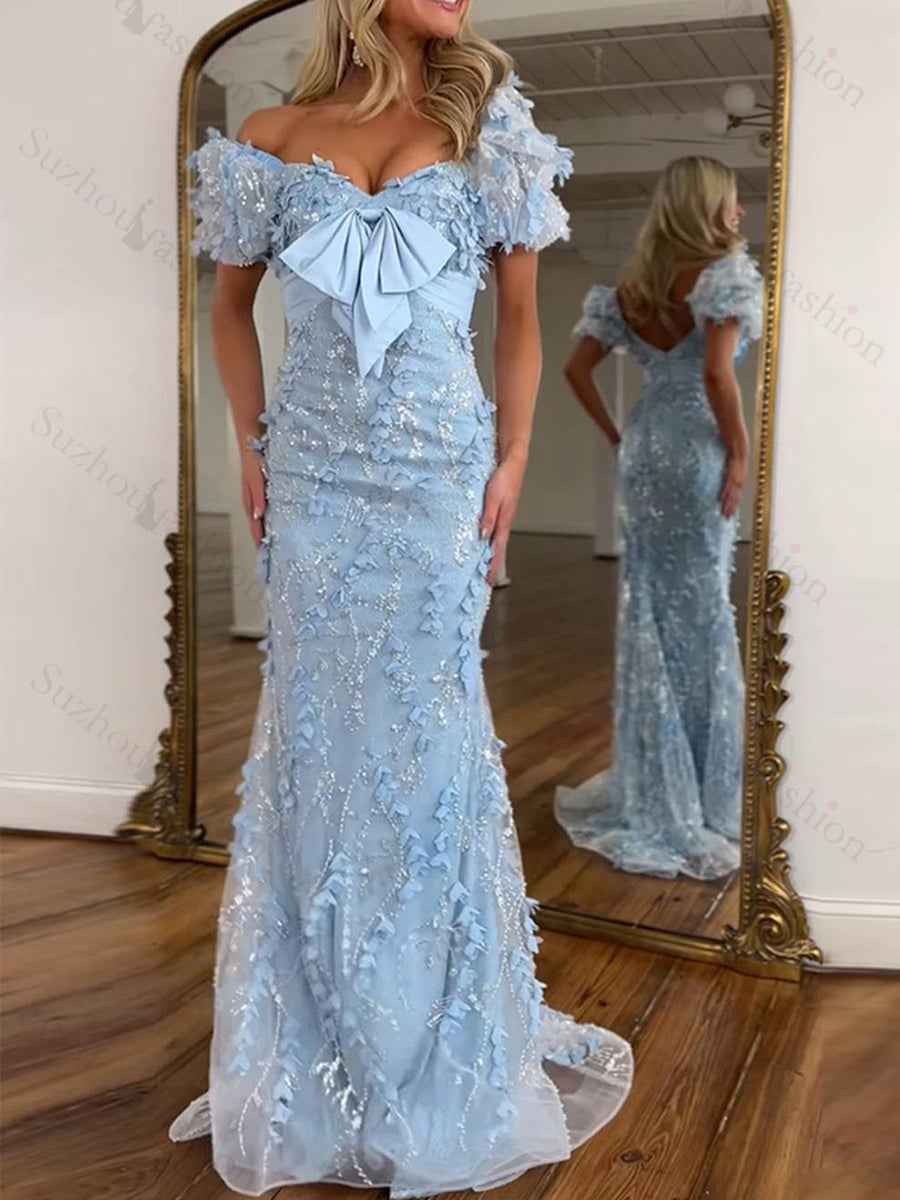 Pink Sequin Leaf Mermaid Long Prom Dress with Bow Detail