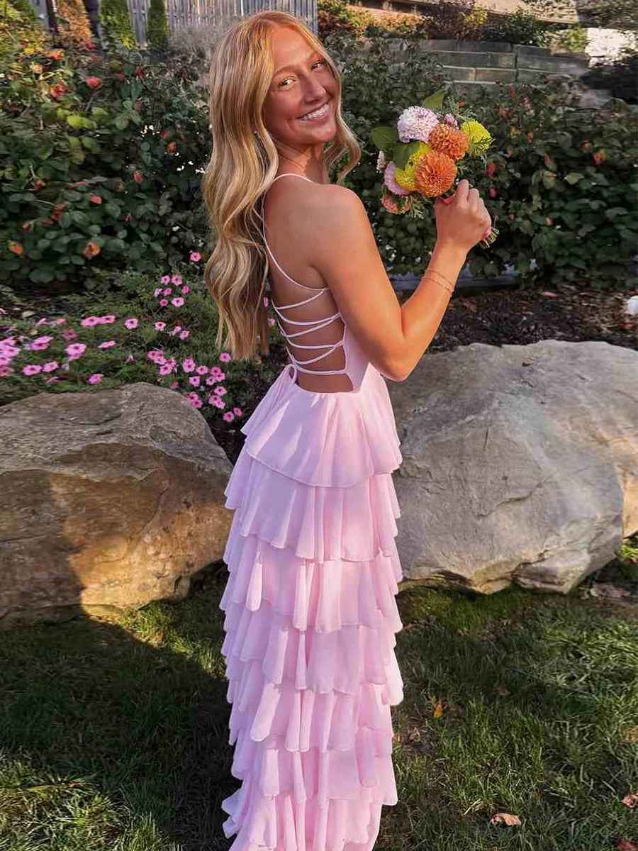 Pink Spaghetti Straps Ruffles Chiffon Long Prom Dress with Slit