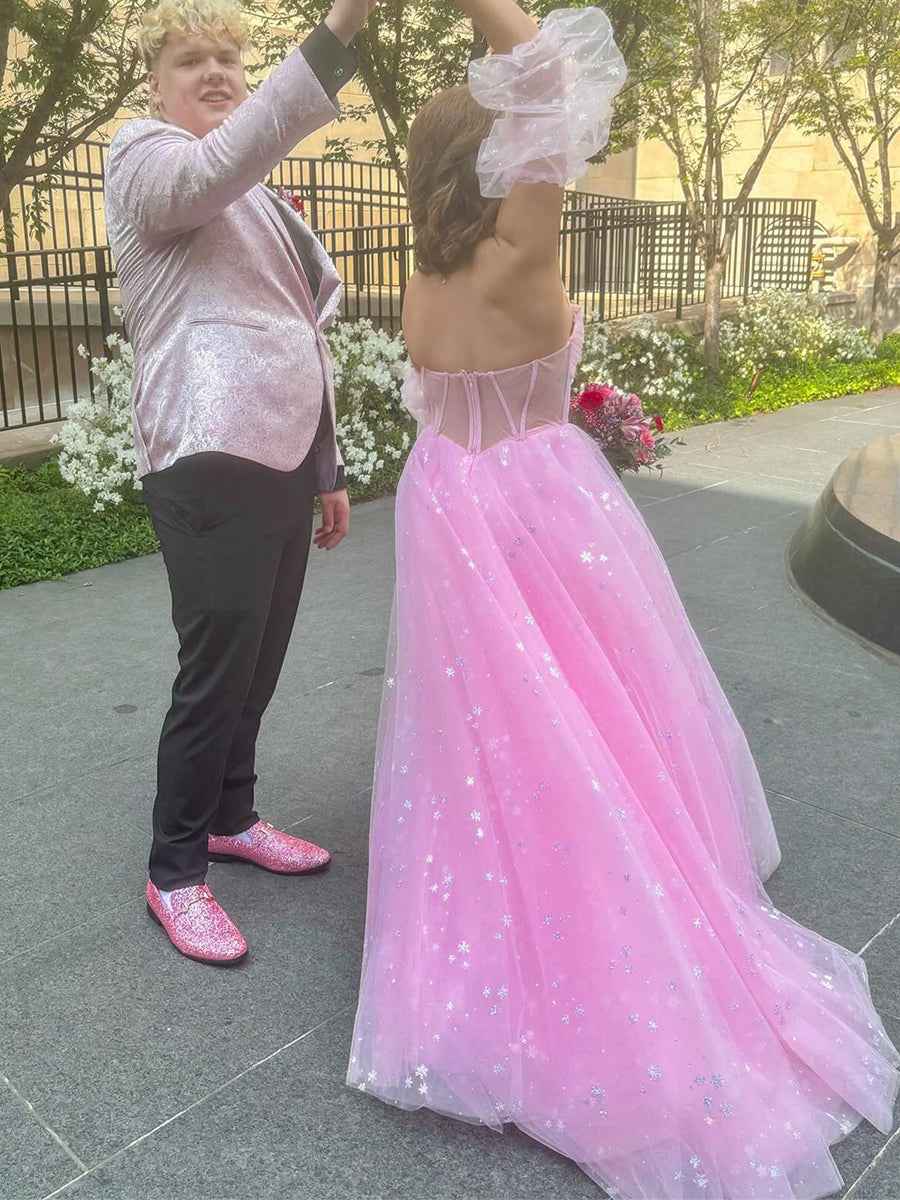 Pink Star Tulle Strapless Puff Sleeves Corset Prom Dress
