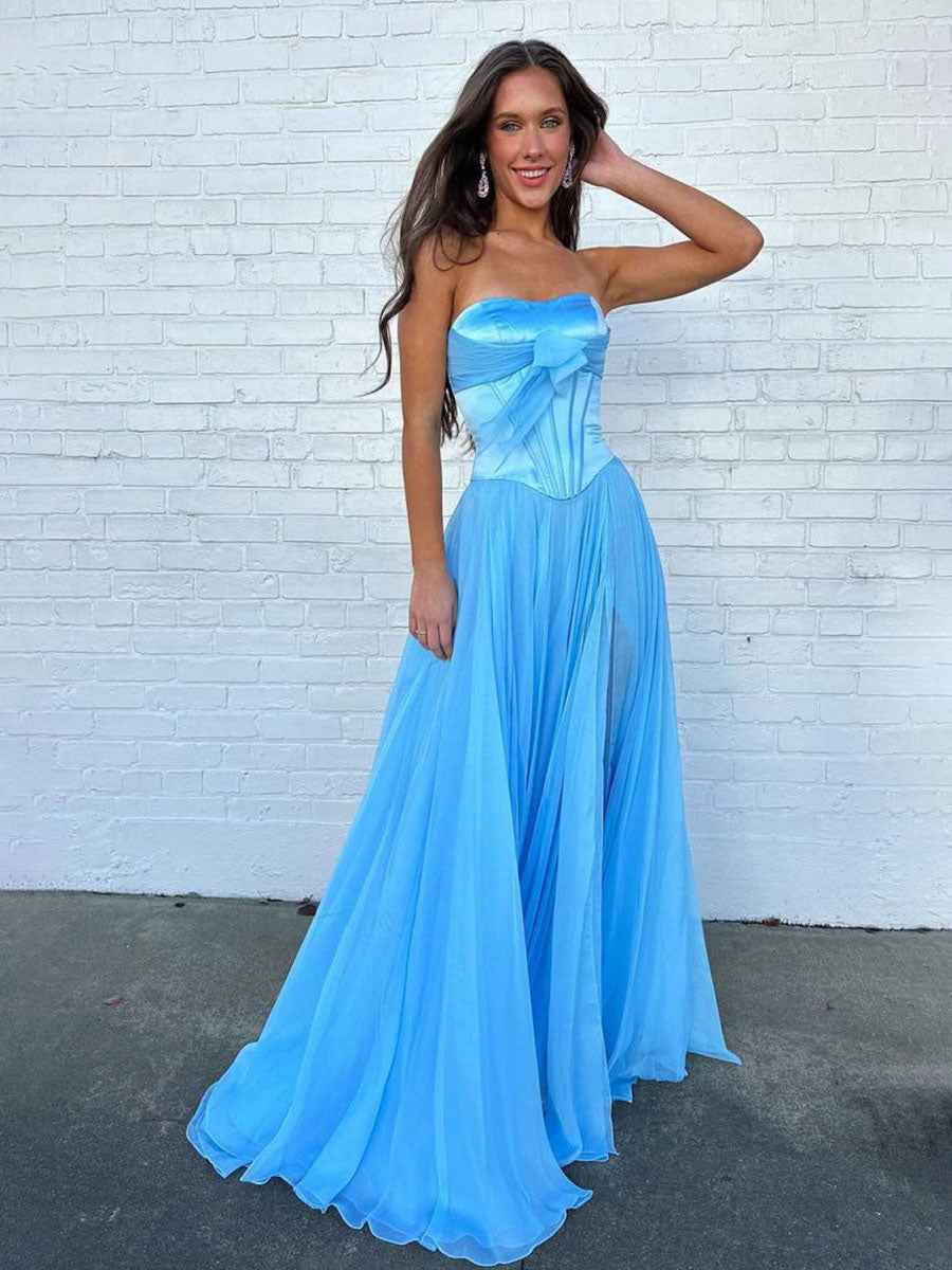 Pink Strapless A-Line Corset Bodice Prom Dress with Bow - BMBRIDAL
