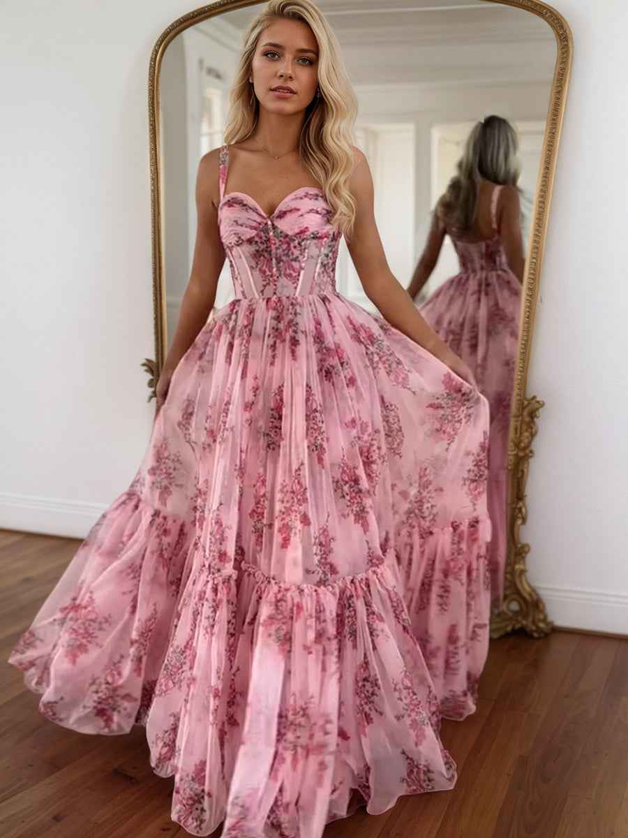 Pink Sweetheart A Line Floral Printed Chiffon Long Prom Dress With Bow
