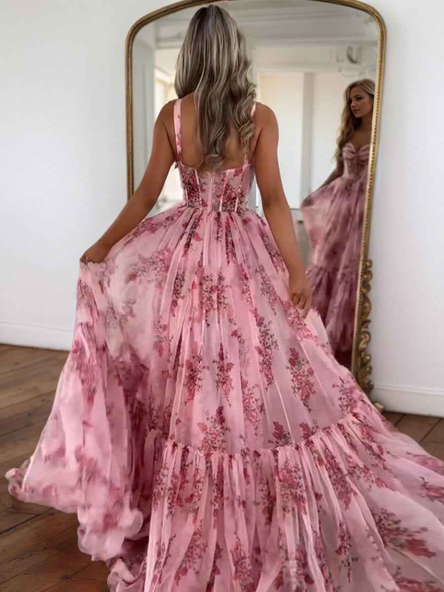 Pink Sweetheart A Line Floral Printed Chiffon Long Prom Dress With Bow