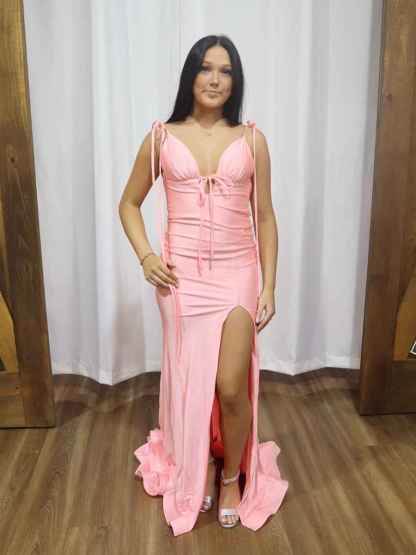 Pink Tie-Strap Ruched Prom Dress with Thigh Slit