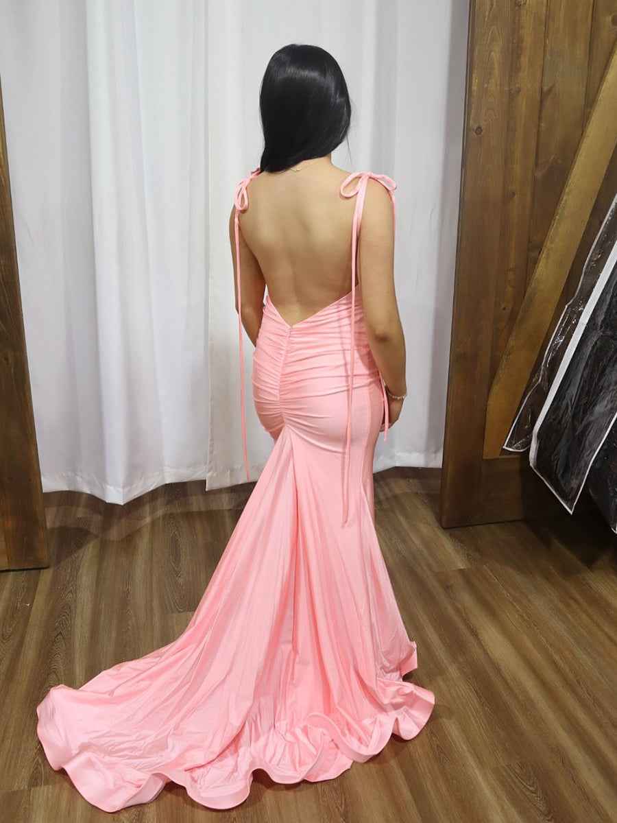 Pink Tie-Strap Ruched Prom Dress with Thigh Slit