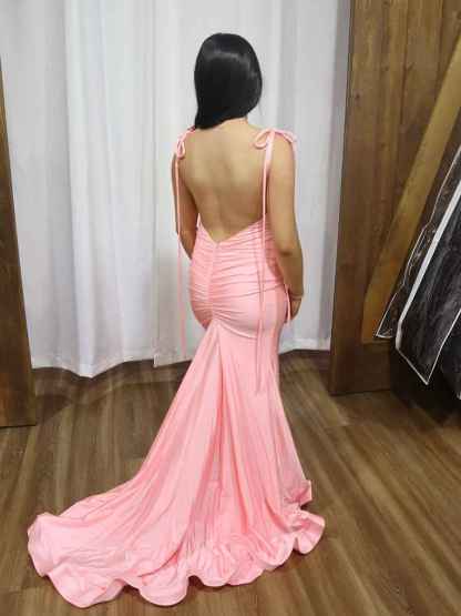 Pink Tie-Strap Ruched Prom Dress with Thigh Slit