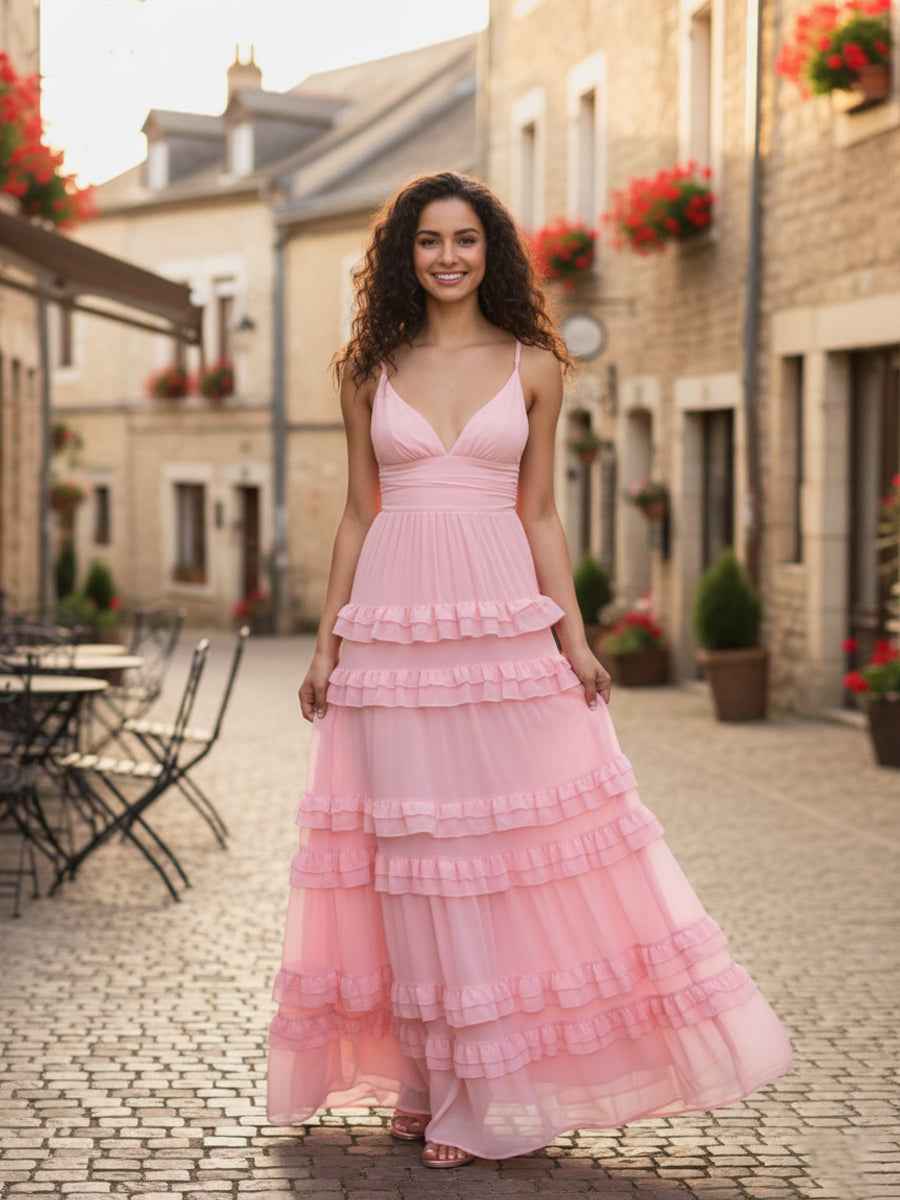 Pink Tiered V-Neck Chiffon Bridesmaid Dress with Ruffle