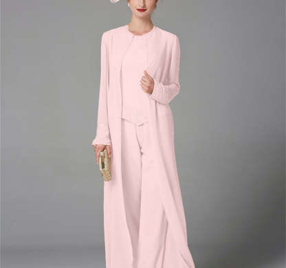 Long-Sleeve Chiffon Mother of the Bride Pantsuit with Jacket and Sequins-BMbridal