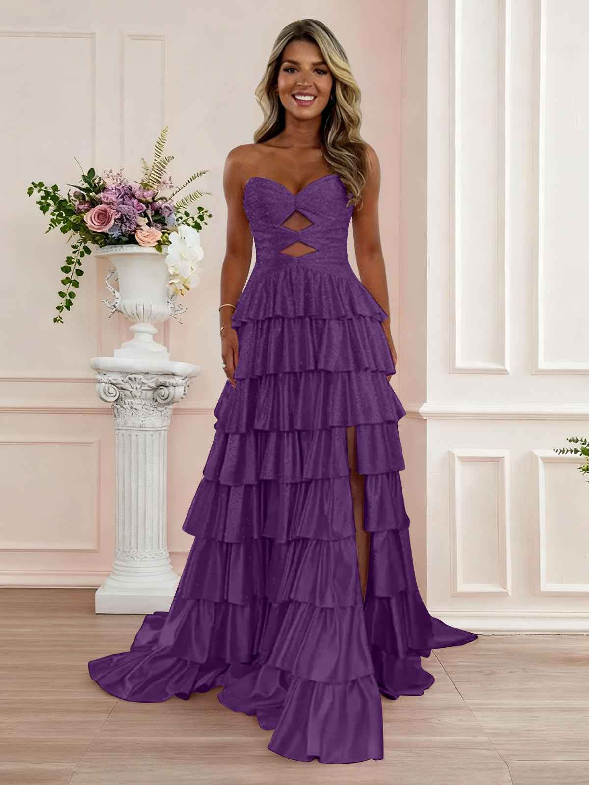 A Line Strapless Sweetheart Satin Prom Dress with Keyhole
