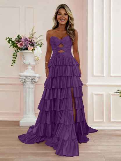 A Line Strapless Sweetheart Satin Prom Dress with Keyhole