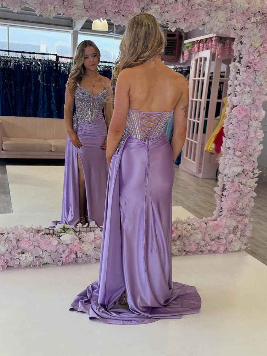 Plunging Crystal Corset Bodice Satin Prom Dress with Slit