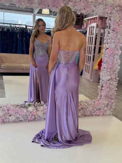 Plunging Crystal Corset Bodice Satin Prom Dress with Slit